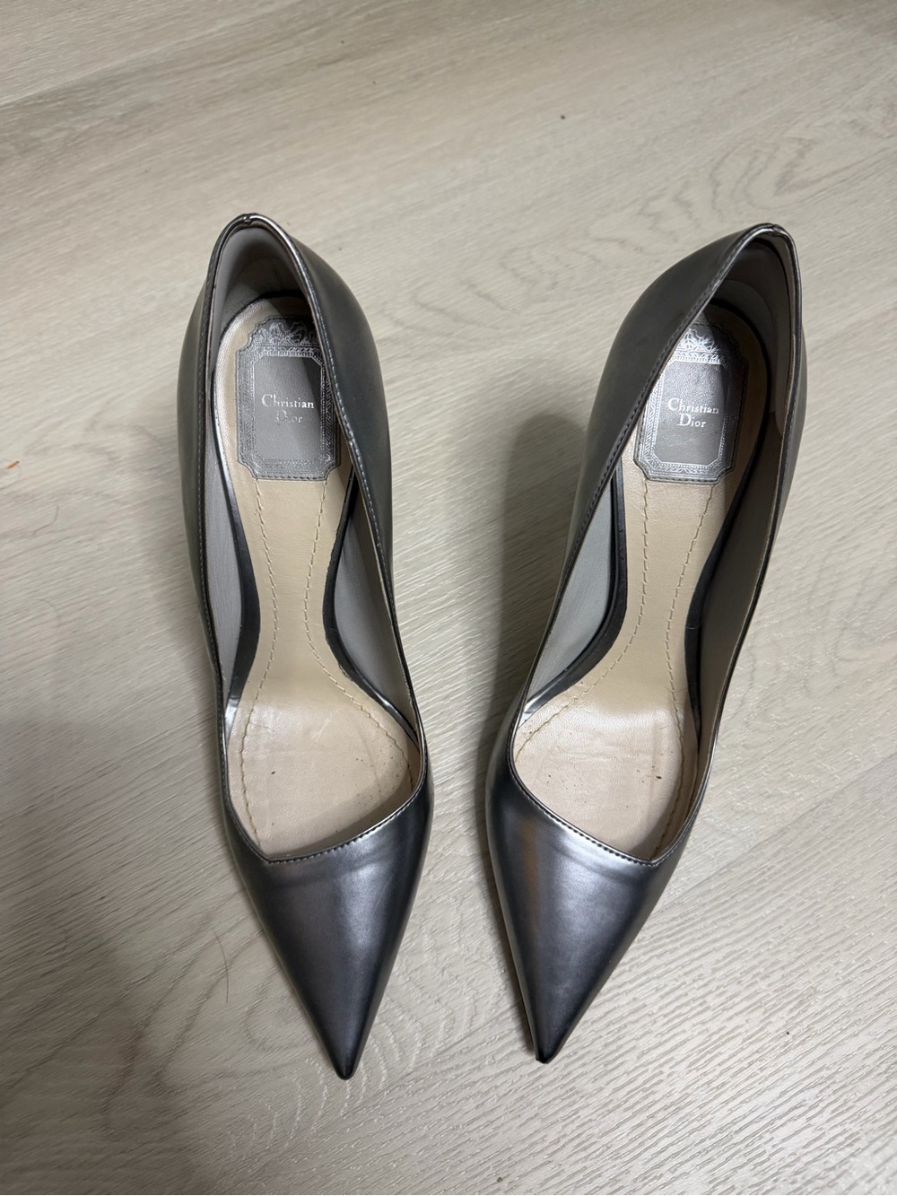 Dior Silver Pointed-Toe Metallic Pumps